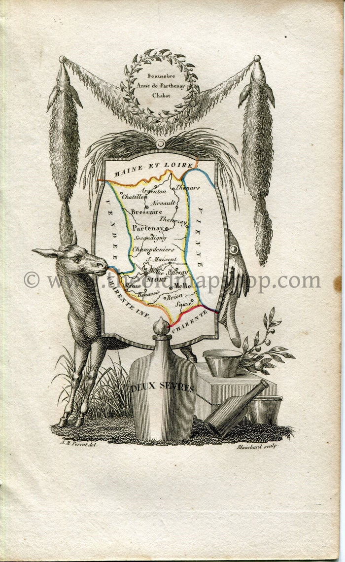 1823 Perrot Map of Deux-Sèvres, France, Antique Map, Print. Outline Original Hand Colouring.