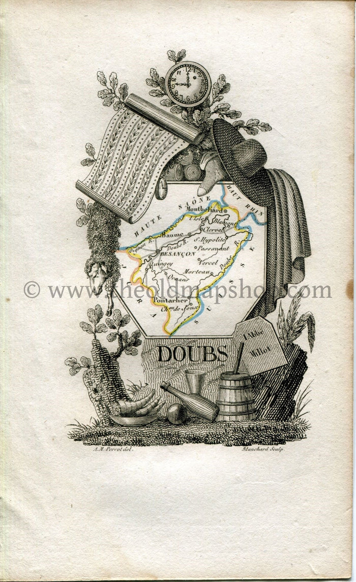 1823 Perrot Map of DOUBS, France, Antique Map, Print. Outline Original Hand Colouring.