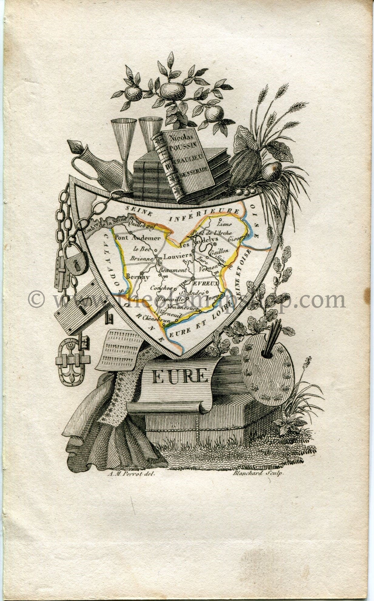 1823 Perrot Map of EURE, France, Antique Map, Print. Outline Original Hand Colouring.
