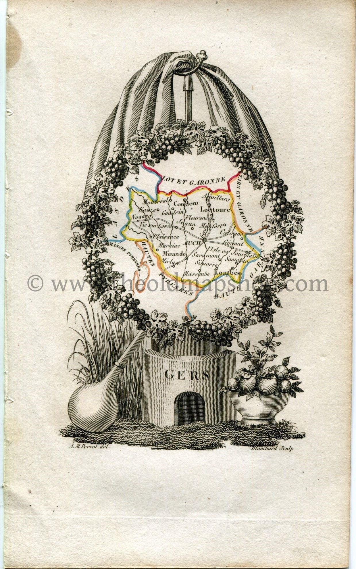 1823 Perrot Map of GERS, France, Antique Map, Print. Outline Original Hand Colouring.