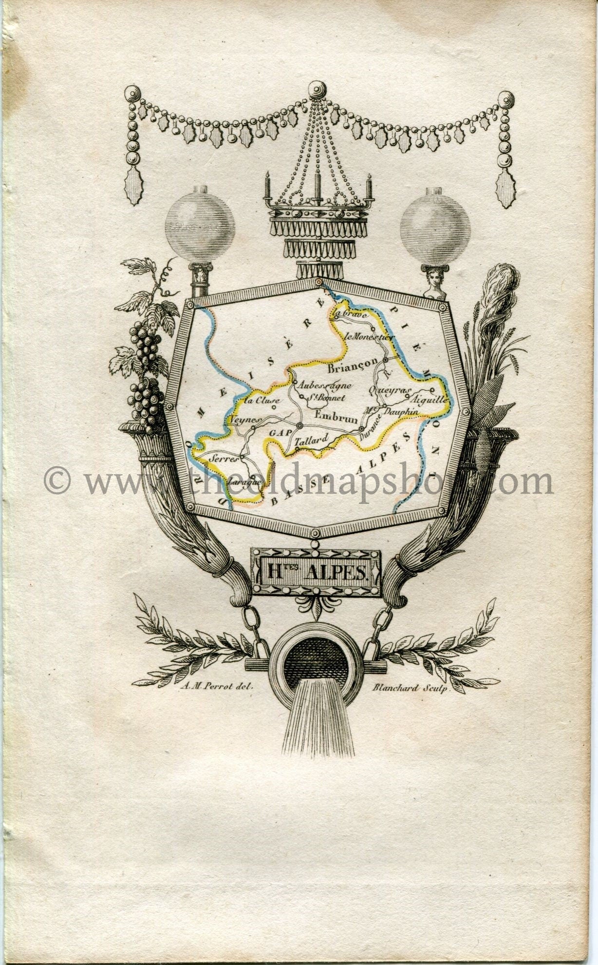 1823 Perrot Map of Hautes-Alpes, France, Antique Map, Print. Outline Original Hand Colouring.