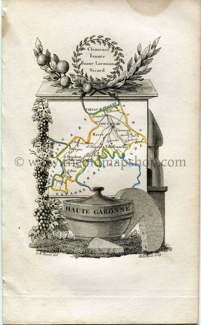 1823 Perrot Map of Haute-Garonne, France, Antique Map, Print. Outline Original Hand Colouring.