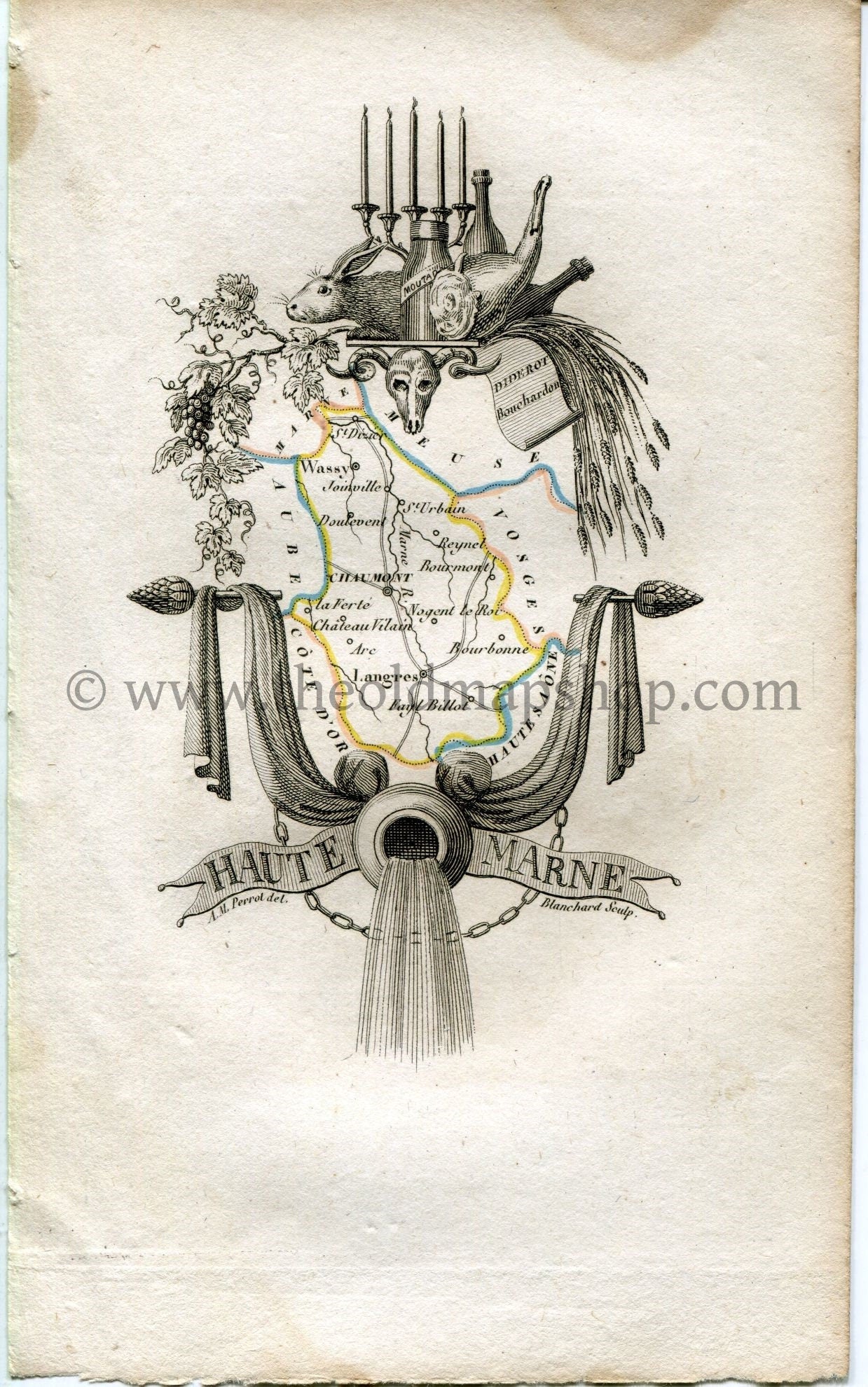 1823 Perrot Map of Haute-Marne, France, Antique Map, Print. Outline Original Hand Colouring.