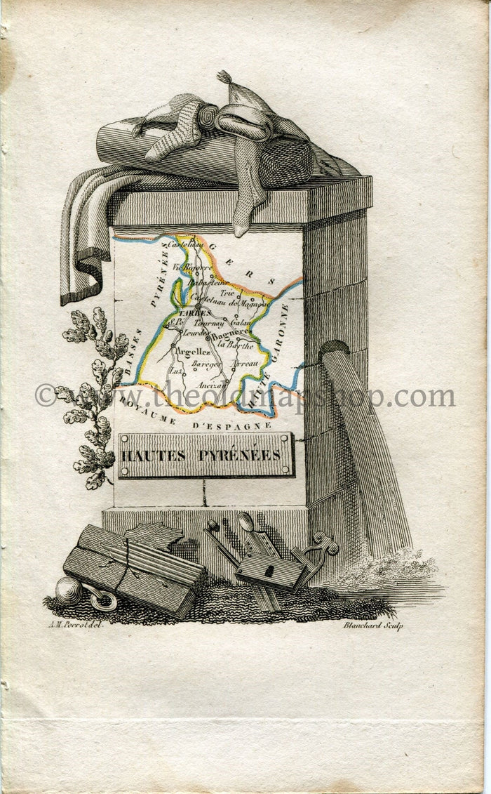 1823 Perrot Map of Hautes-Pyrénées, France, Antique Map, Print. Outline Original Hand Colouring.