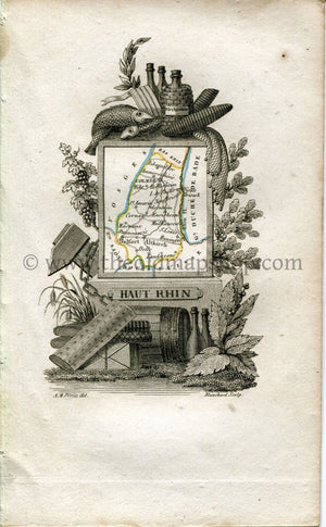 1823 Perrot Map of Haut-Rhin, France, Antique Map, Print. Outline Original Hand Colouring.