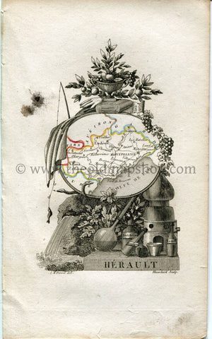 1823 Perrot Map of Hérault, France, Antique Map, Print. Outline Original Hand Colouring.