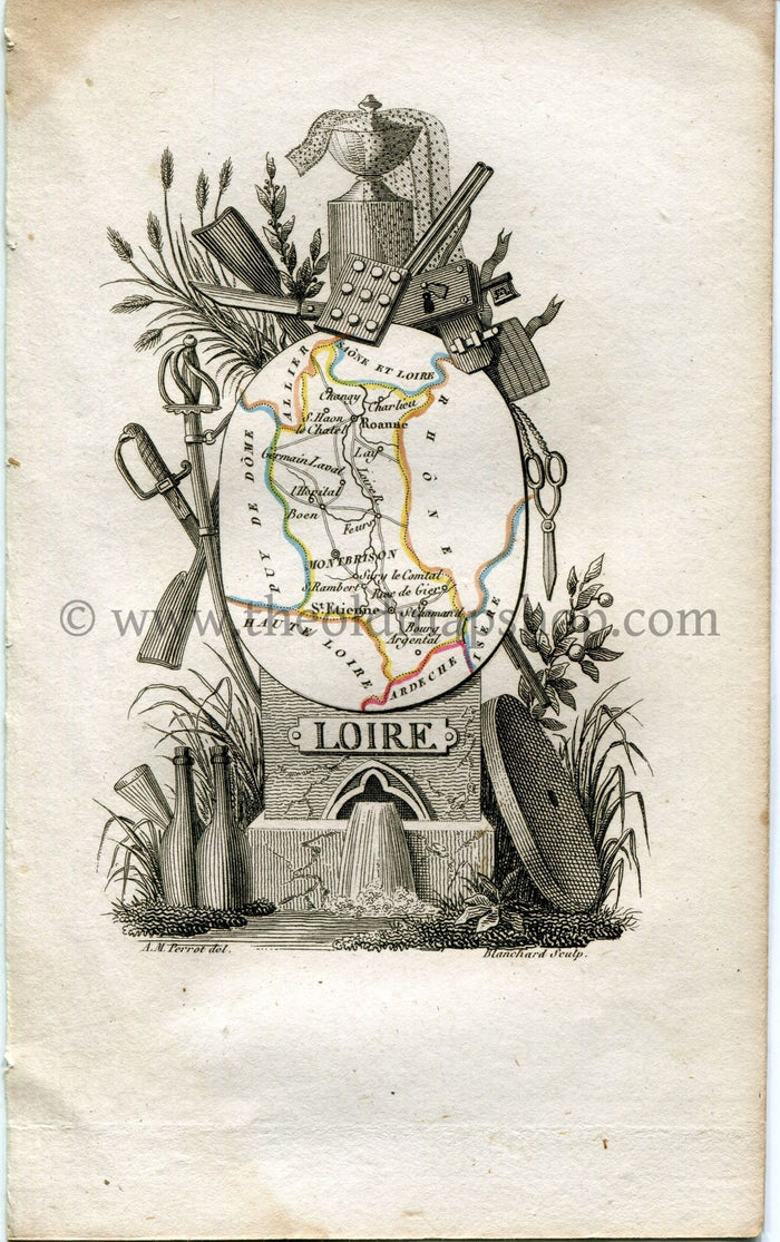 1823 Perrot Map of LOIRE, France, Antique Map, Print. Outline Original Hand Colouring.