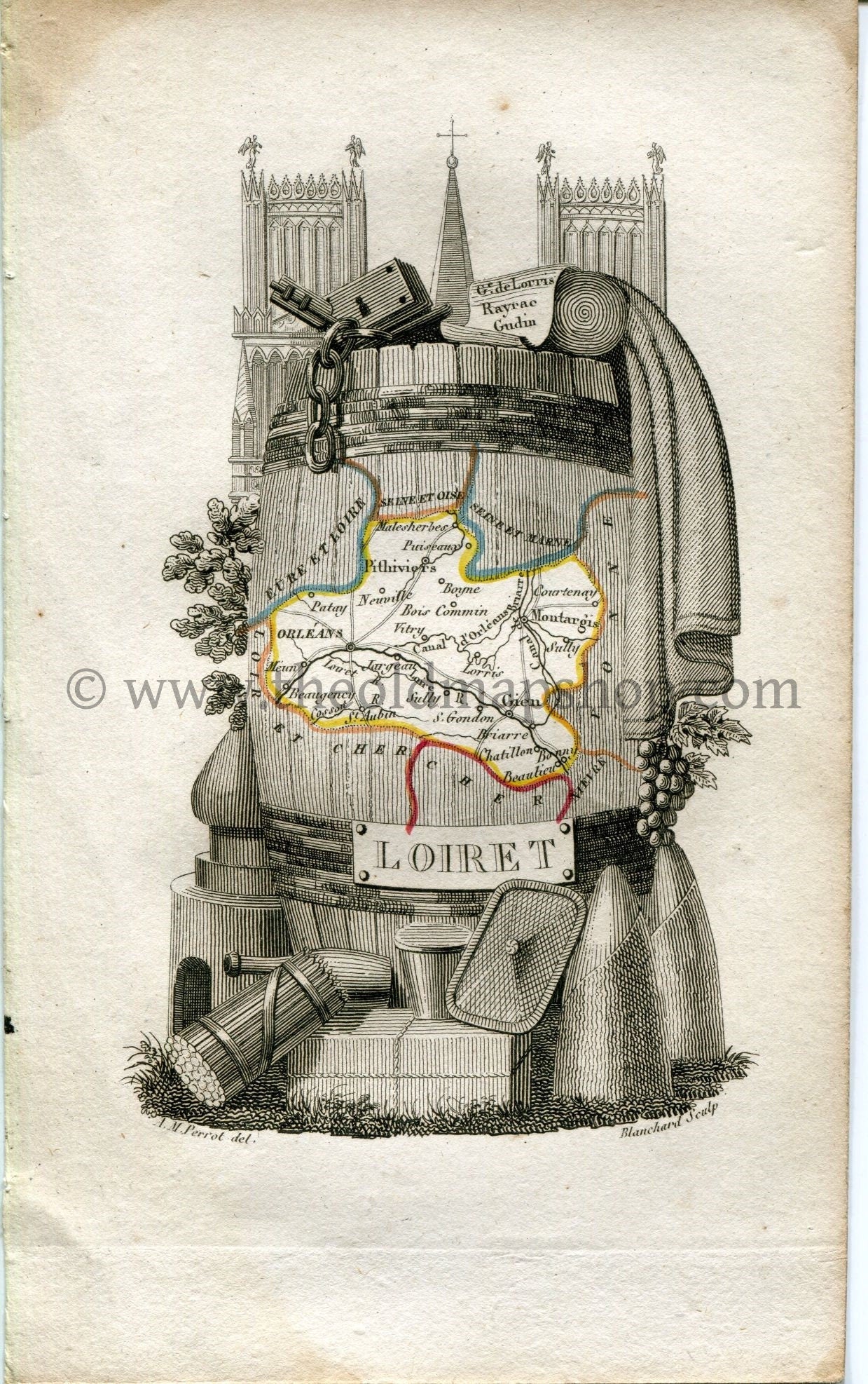 1823 Perrot Map of LOIRET, France, Antique Map, Print. Outline Original Hand Colouring.