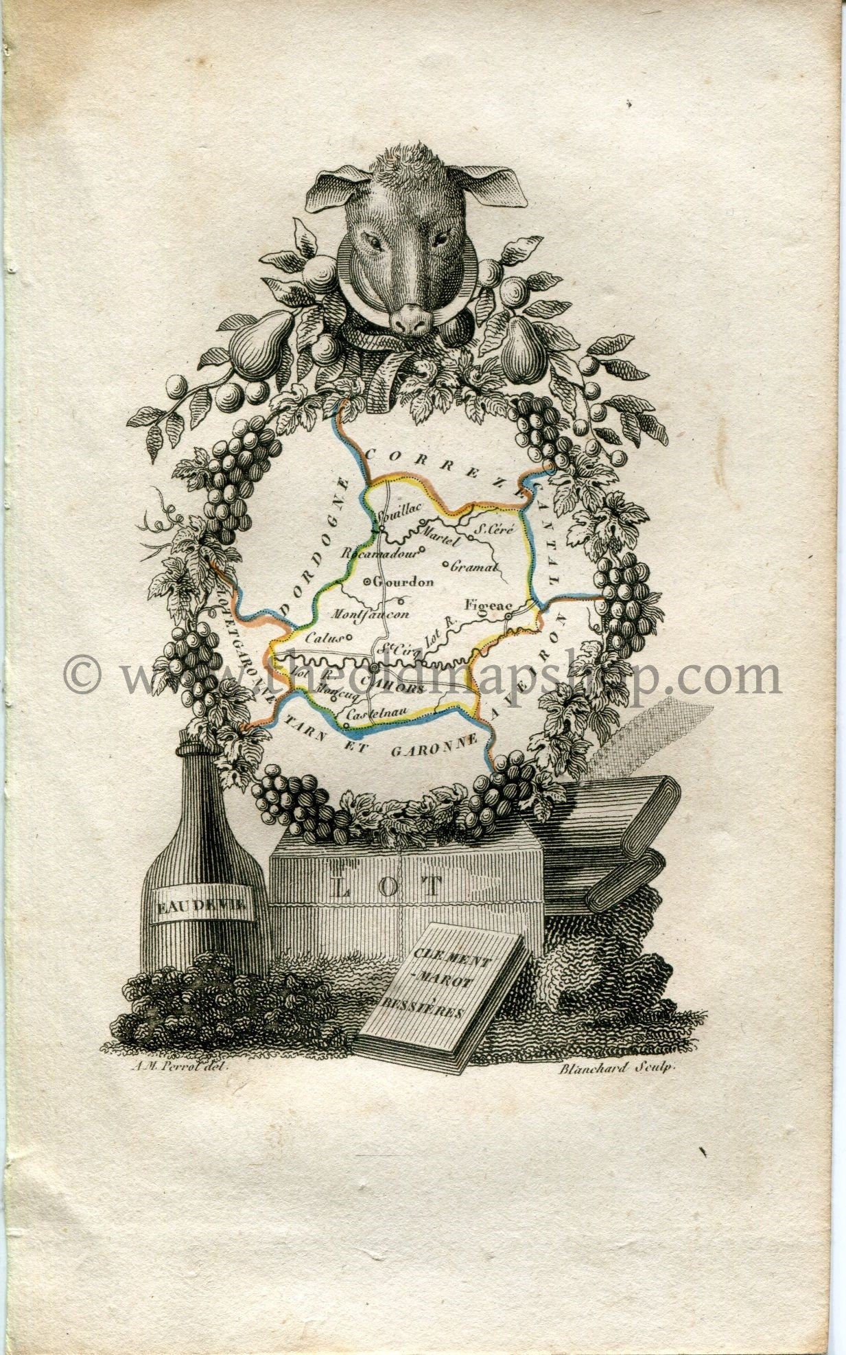 1823 Perrot Map of LOT, France, Antique Map, Print. Outline Original Hand Colouring.