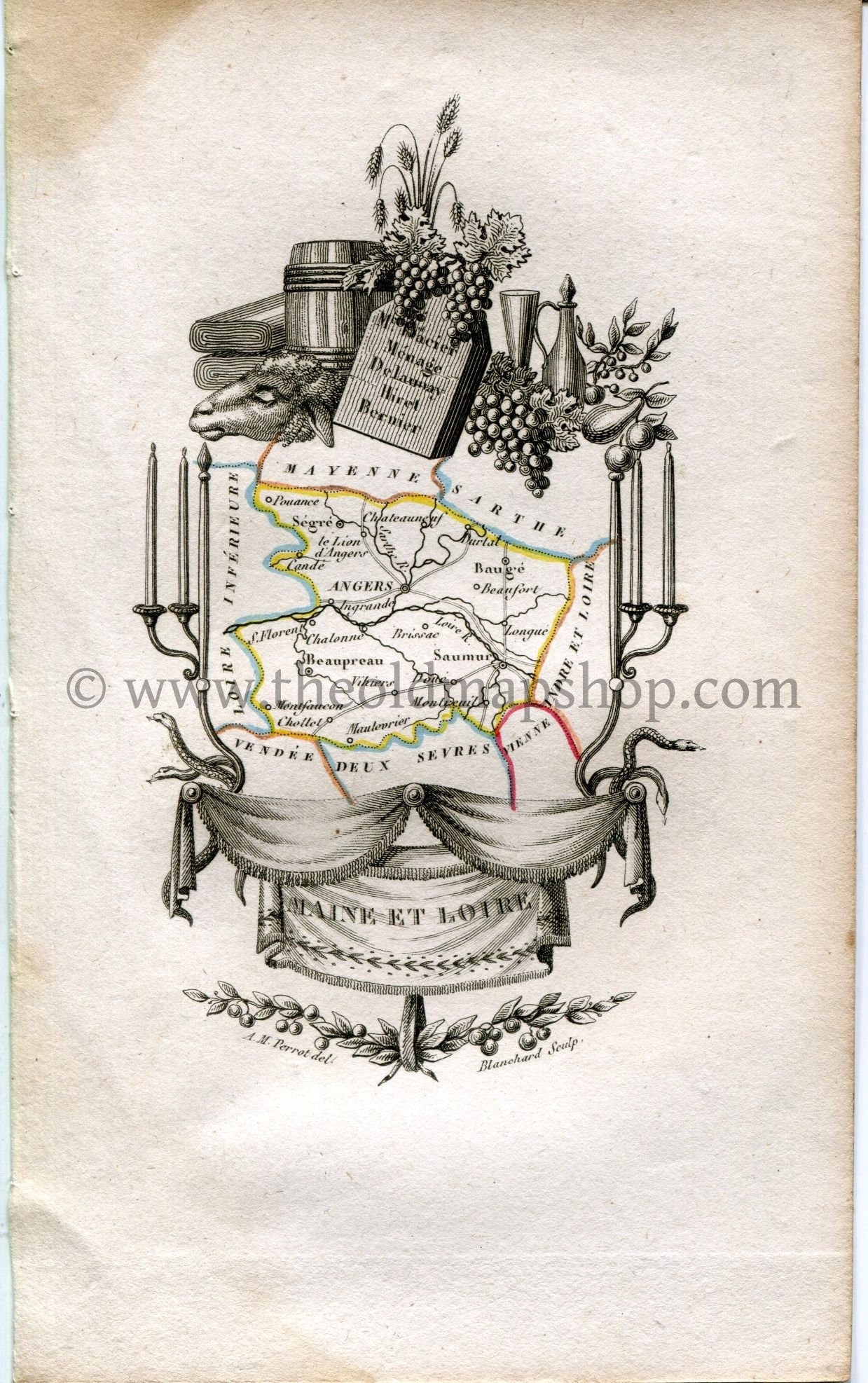 1823 Perrot Map of Maine-et-Loire, France, Antique Map, Print. Outline Original Hand Colouring.
