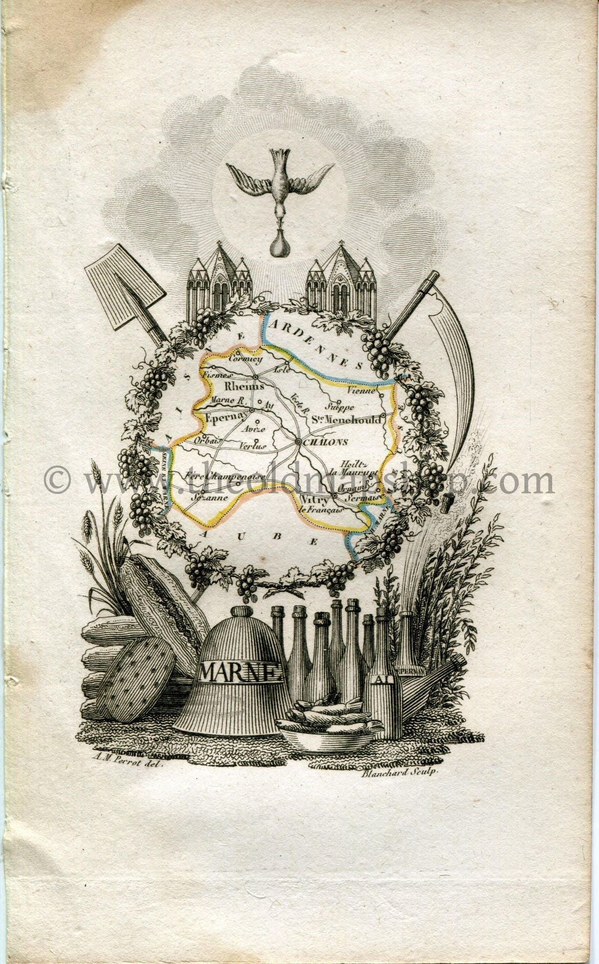 1823 Perrot Map of MARNE, France, Antique Map, Print. Outline Original Hand Colouring.