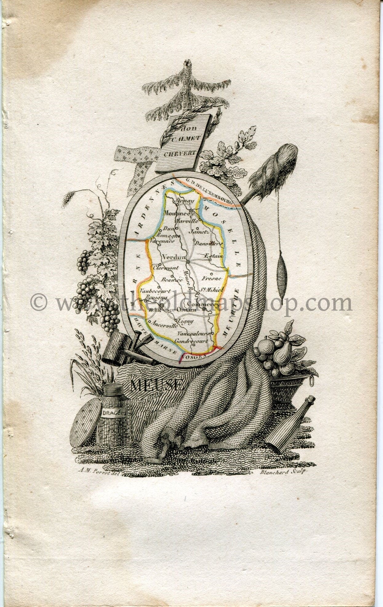 1823 Perrot Map of MEUSE, France, Antique Map, Print. Outline Original Hand Colouring.