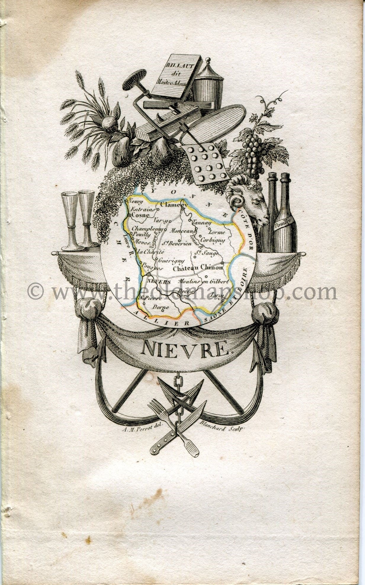 1823 Perrot Map of Nièvre, France, Antique Map, Print. Outline Original Hand Colouring.
