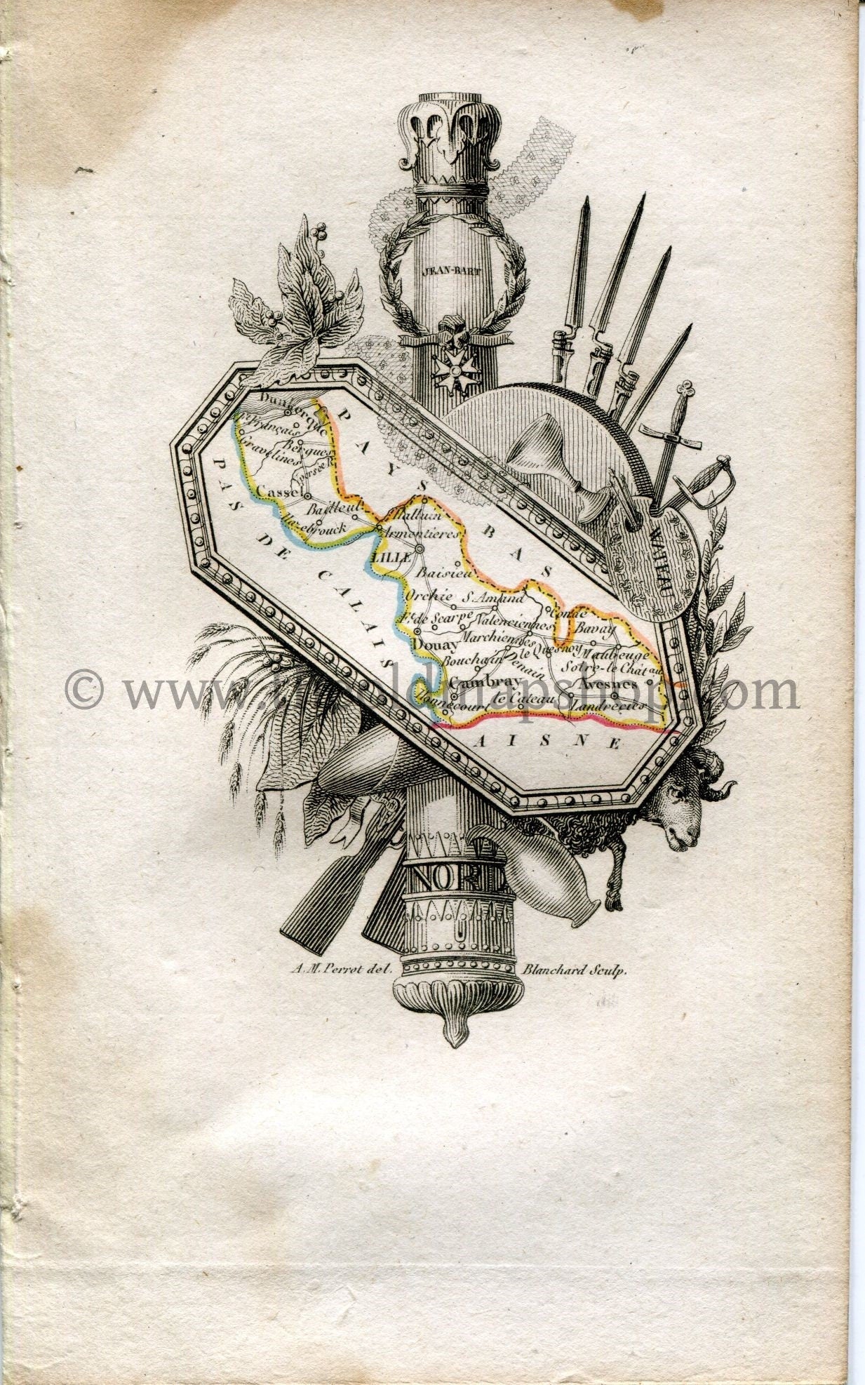 1823 Perrot Map of NORD, France, Antique Map, Print. Outline Original Hand Colouring.