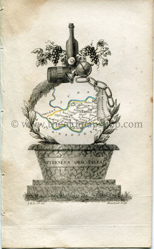 1823 Perrot Map of Pyrénées-Orientales, France, Antique Map, Print. Outline Original Hand Colouring.