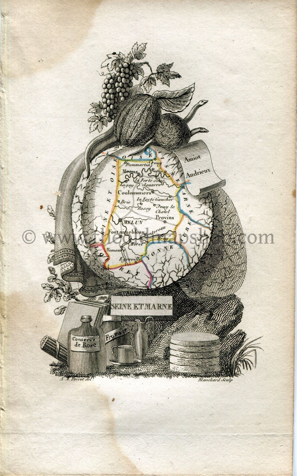 1823 Perrot Map of Seine-et-Marne, France, Antique Map, Print. Outline Original Hand Colouring.