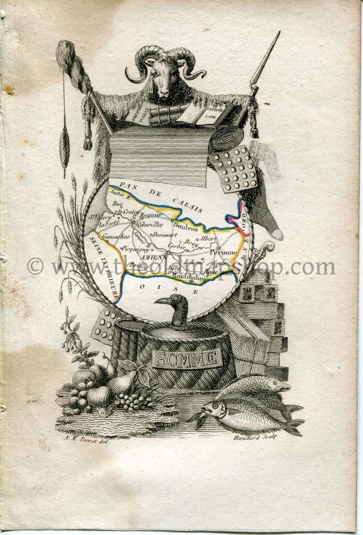 1823 Perrot Map of SOMME, France, Antique Map, Print. Outline Original Hand Colouring.