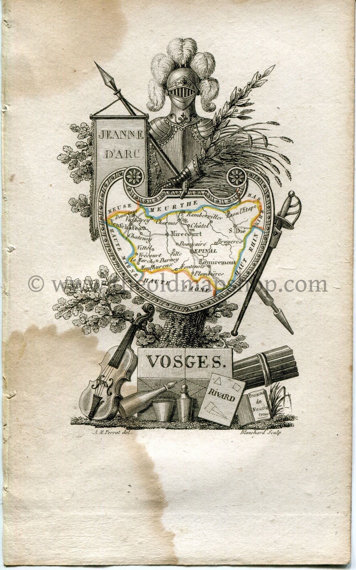 1823 Perrot Map of Vosges, France, Antique Map, Print. Outline Original Hand Colouring.