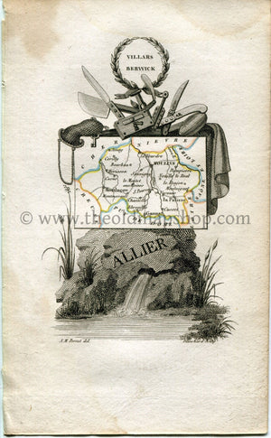 1823 Perrot Map of ALLIER, Auvergne-Rhône-Alpes, France, Antique Map, Print. Outline Original Hand Colouring.