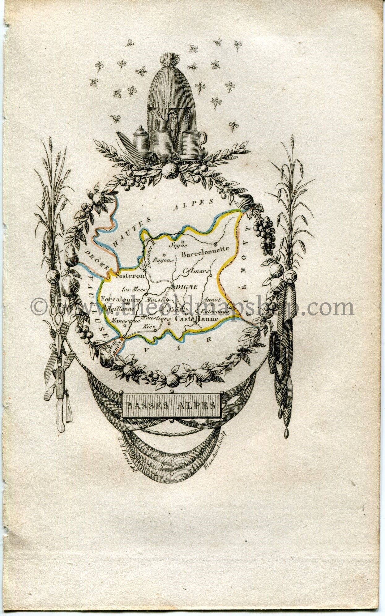1823 Perrot Map of BASSES-ALPES, Alpes-de-Haute-Provence, France, Antique Map, Print. Outline Original Hand Colouring.