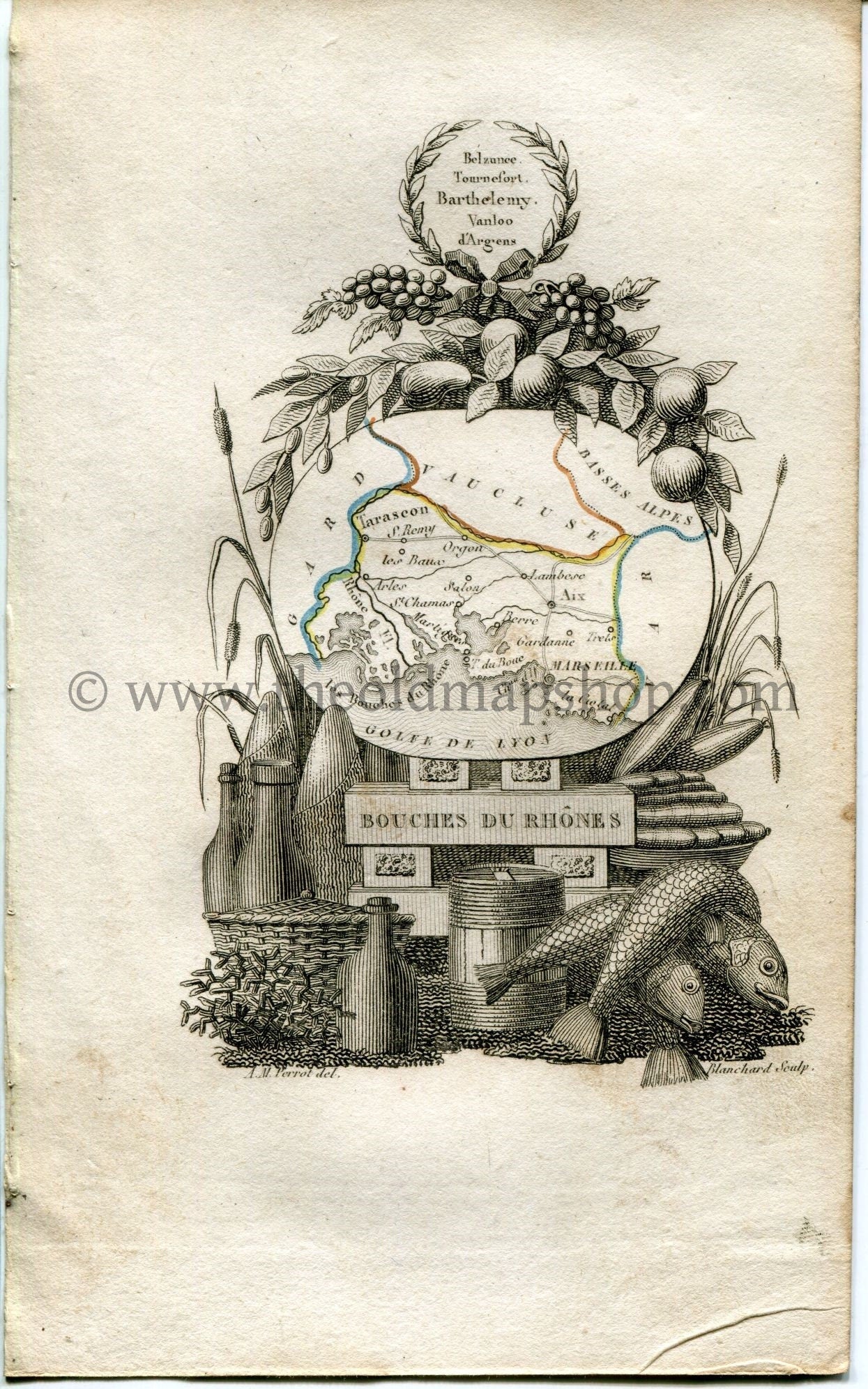 1823 Perrot Map of Bouches-du-Rhône, France, Antique Map, Print. Outline Original Hand Colouring.