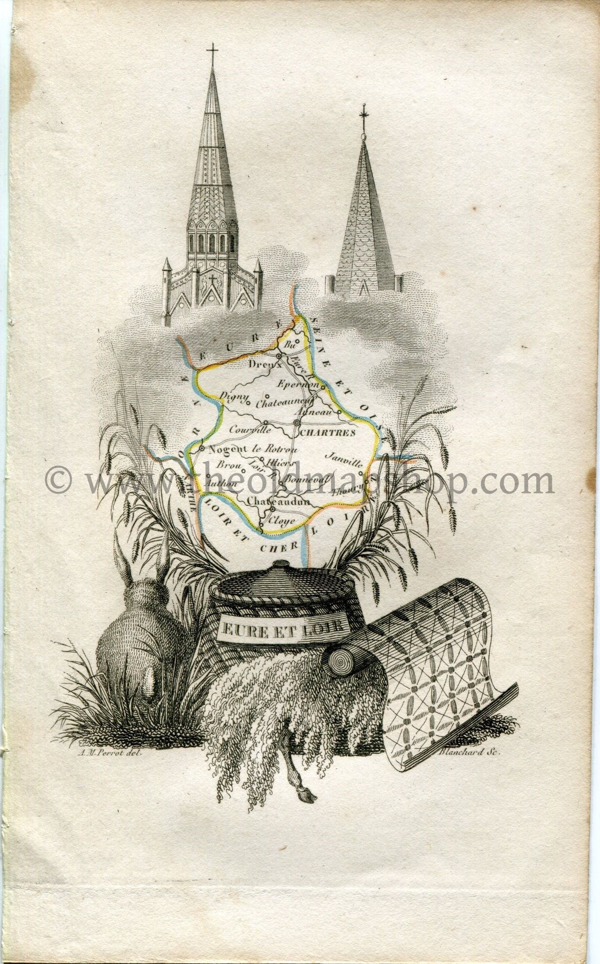 1823 Perrot Map of Eure-et-Loir, France, Antique Map, Print. Outline Original Hand Colouring.