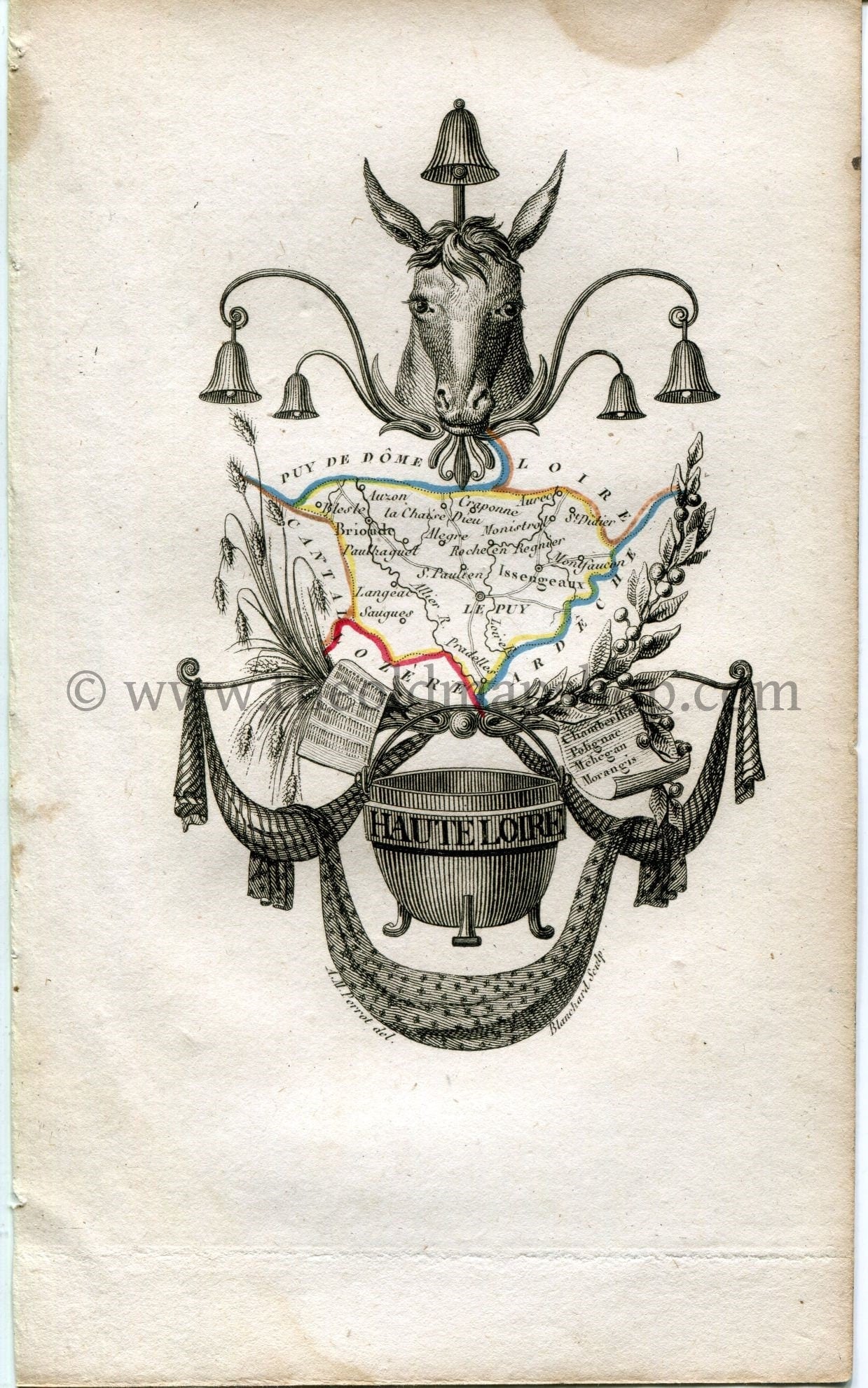 1823 Perrot Map of Haute-Loire, France, Antique Map, Print. Outline Original Hand Colouring.