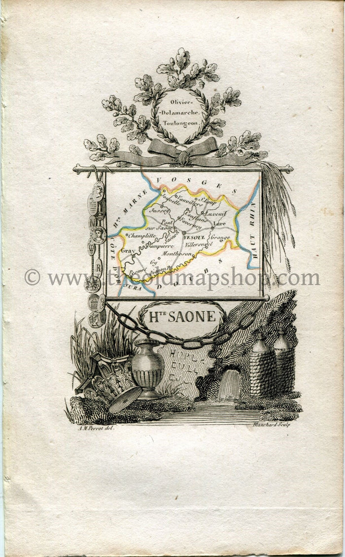1823 Perrot Map of Haute-Saône, France, Antique Map, Print. Outline Original Hand Colouring.