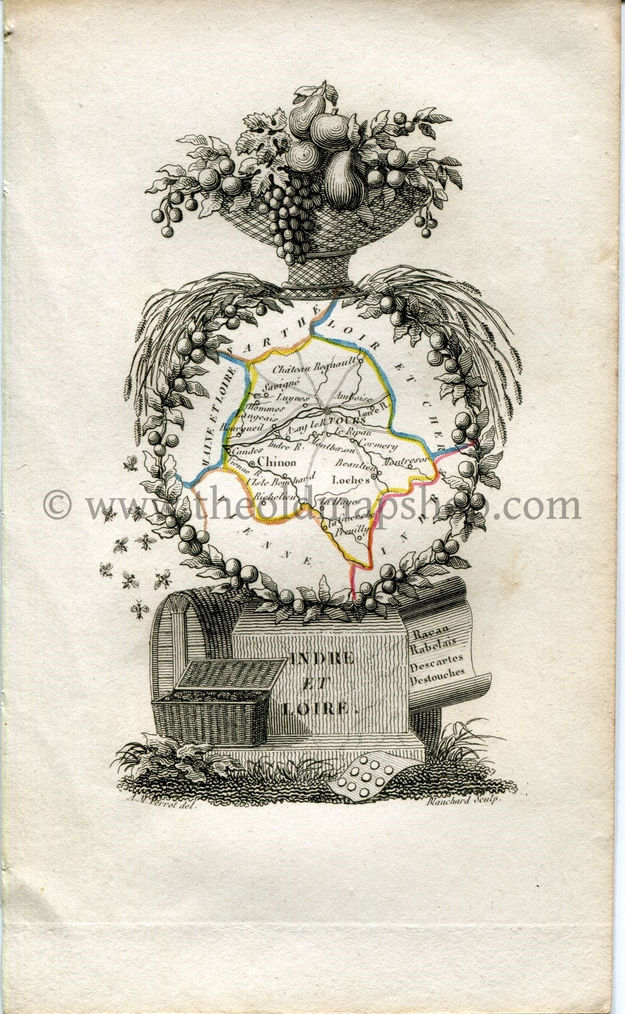 1823 Perrot Map of Indre-et-Loire, France, Antique Map, Print. Outline Original Hand Colouring.