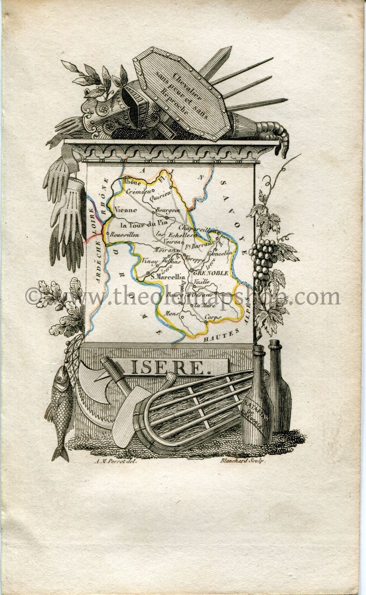 1823 Perrot Map of Isère, France, Antique Map, Print. Outline Original Hand Colouring.