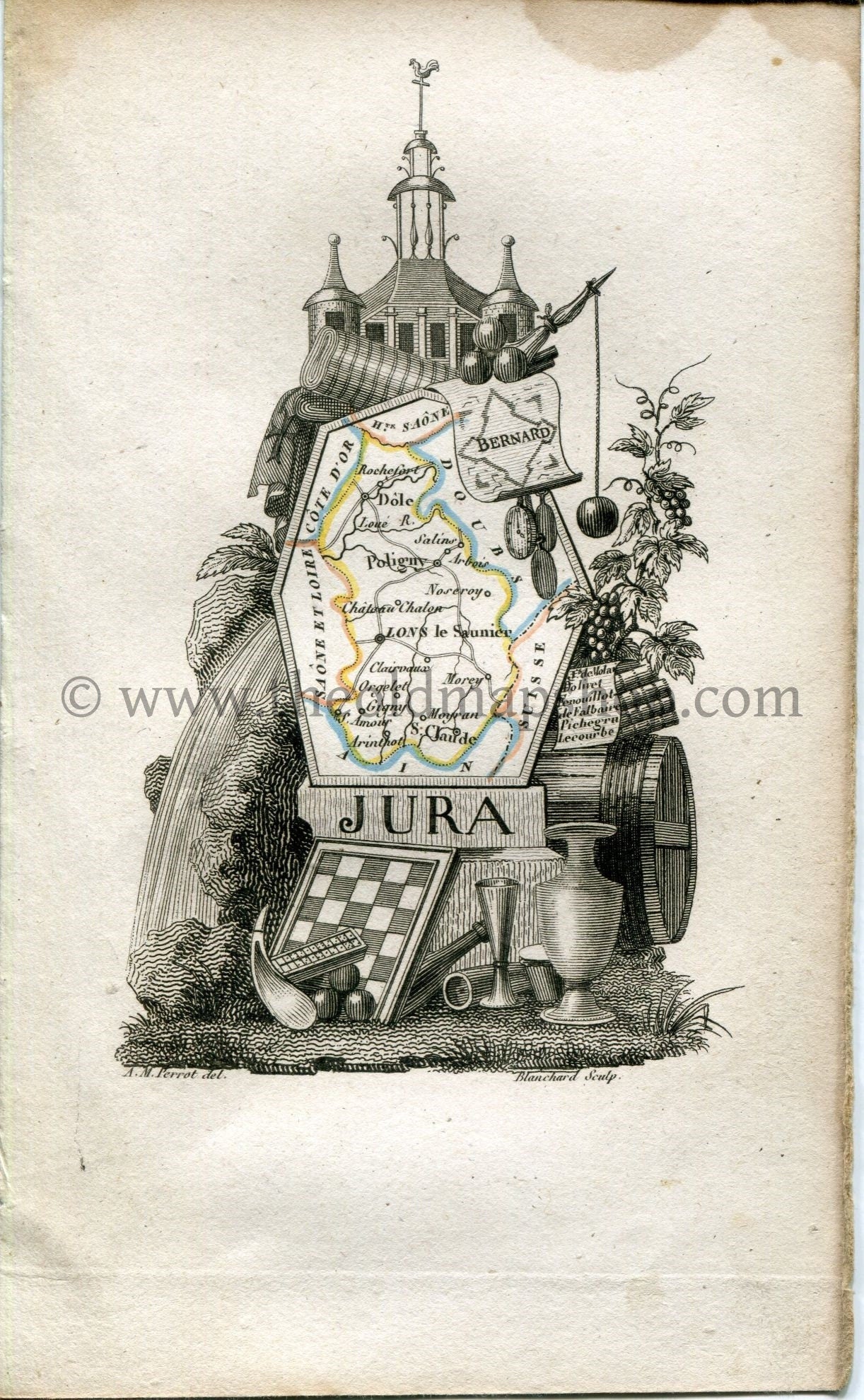 1823 Perrot Map of JURA, France, Antique Map, Print. Outline Original Hand Colouring.