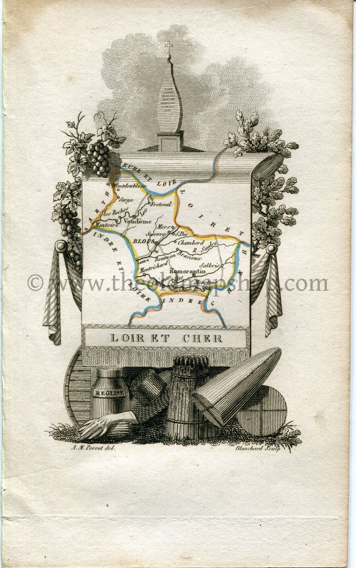 1823 Perrot Map of Loir-et-Cher, France, Antique Map, Print. Outline Original Hand Colouring.