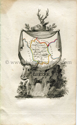 1823 Perrot Map of Lozère, France, Antique Map, Print. Outline Original Hand Colouring.
