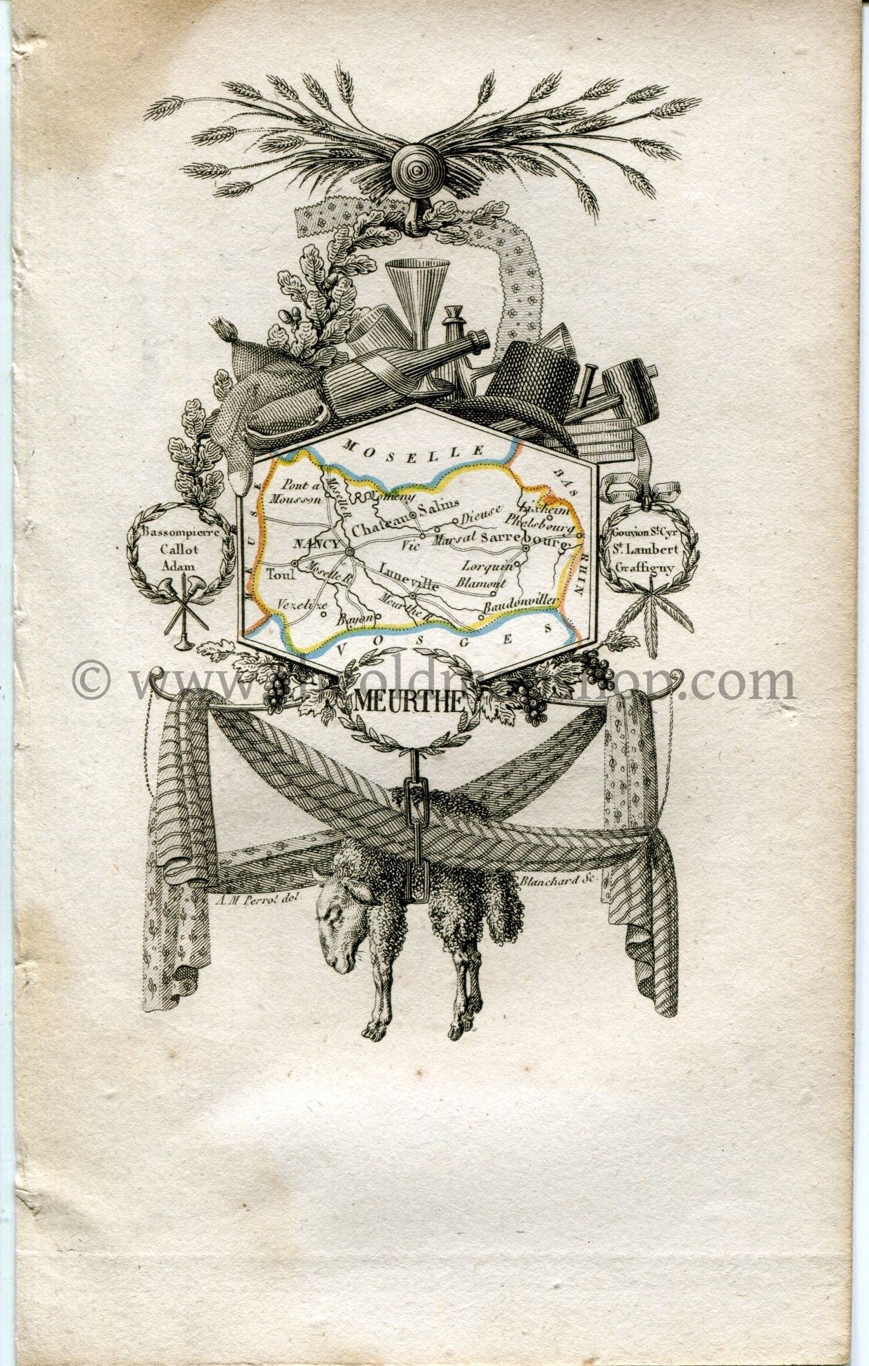 1823 Perrot Map of MEURTHE, France, Antique Map, Print. Outline Original Hand Colouring.