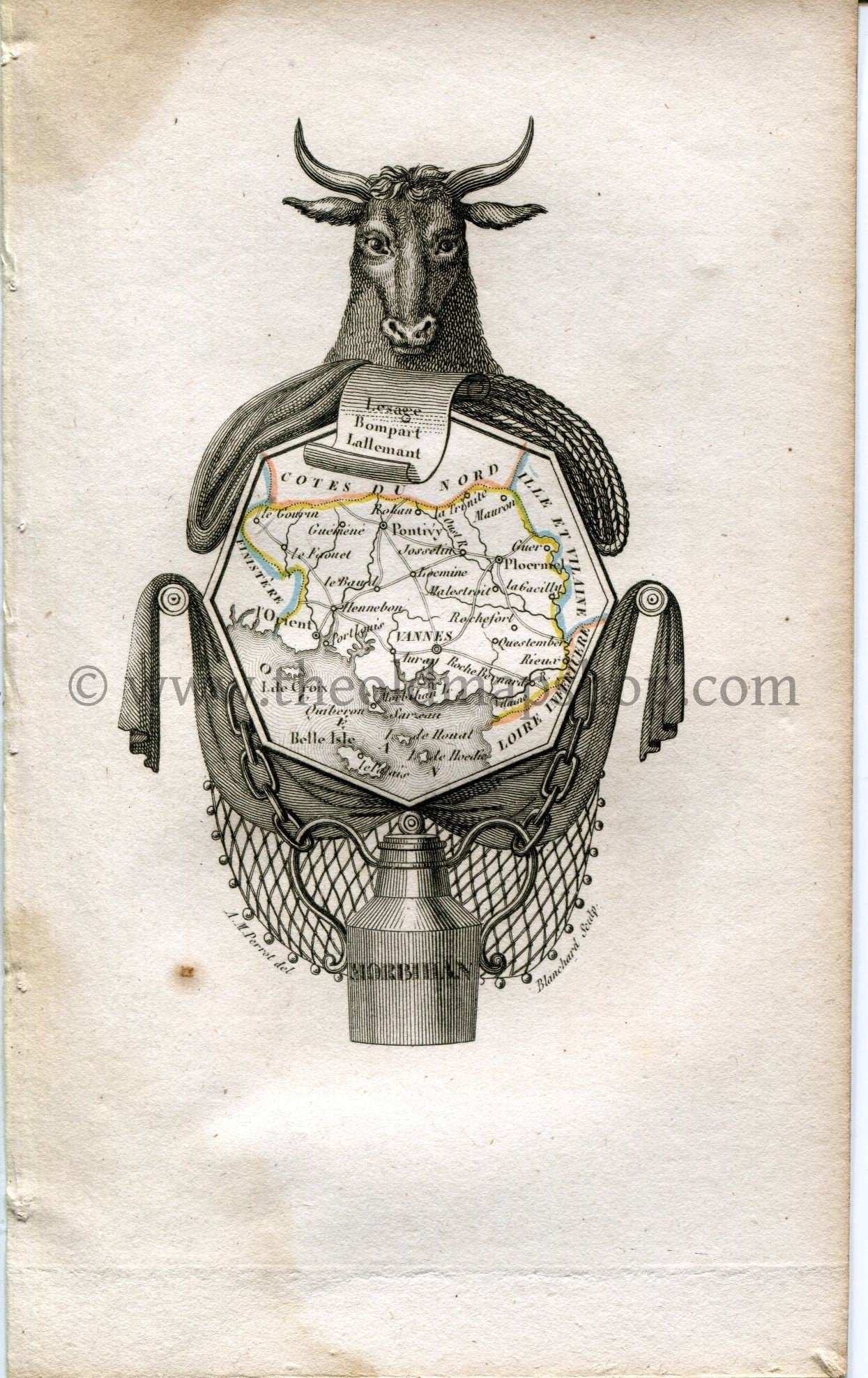 1823 Perrot Map of Morbihan, France, Antique Map, Print. Outline Original Hand Colouring.