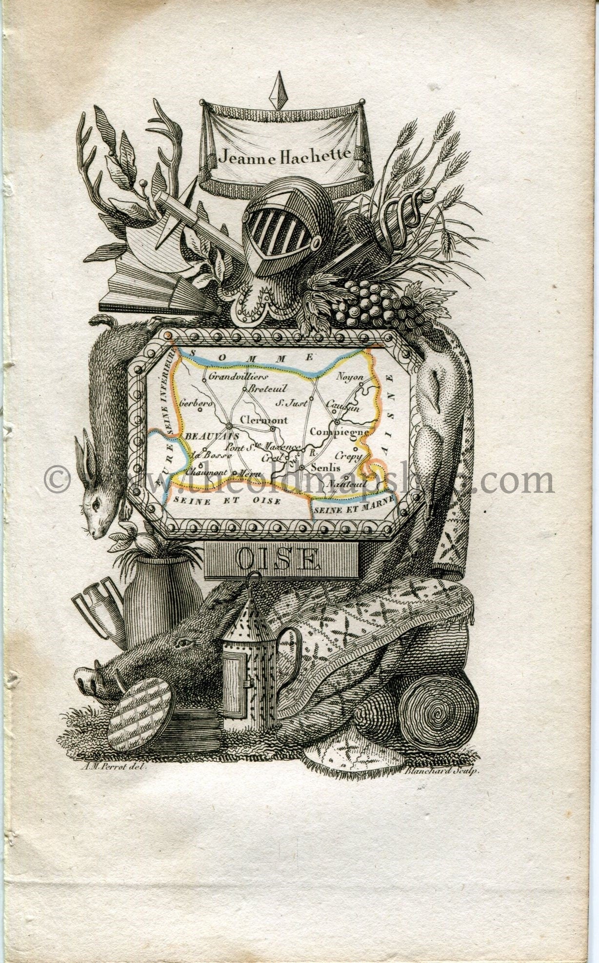 1823 Perrot Map of OISE, France, Antique Map, Print. Outline Original Hand Colouring.