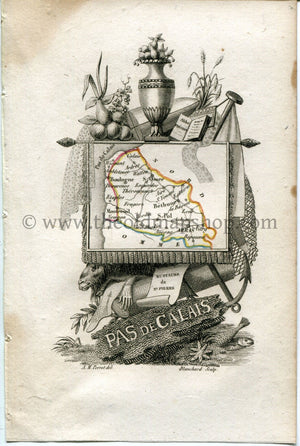 1823 Perrot Map of Pas-de-Calais, France, Antique Map, Print. Outline Original Hand Colouring.