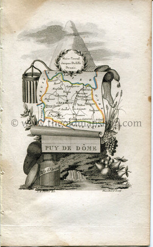 1823 Perrot Map of Puy de Dôme, France, Antique Map, Print. Outline Original Hand Colouring.