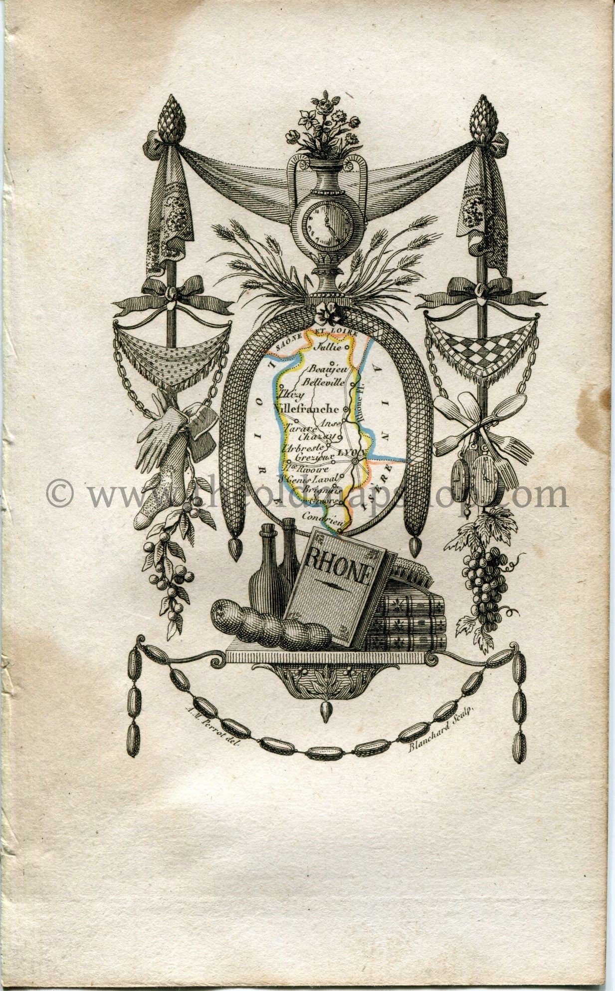 1823 Perrot Map of Rhône, France, Antique Map, Print. Outline Original Hand Colouring.