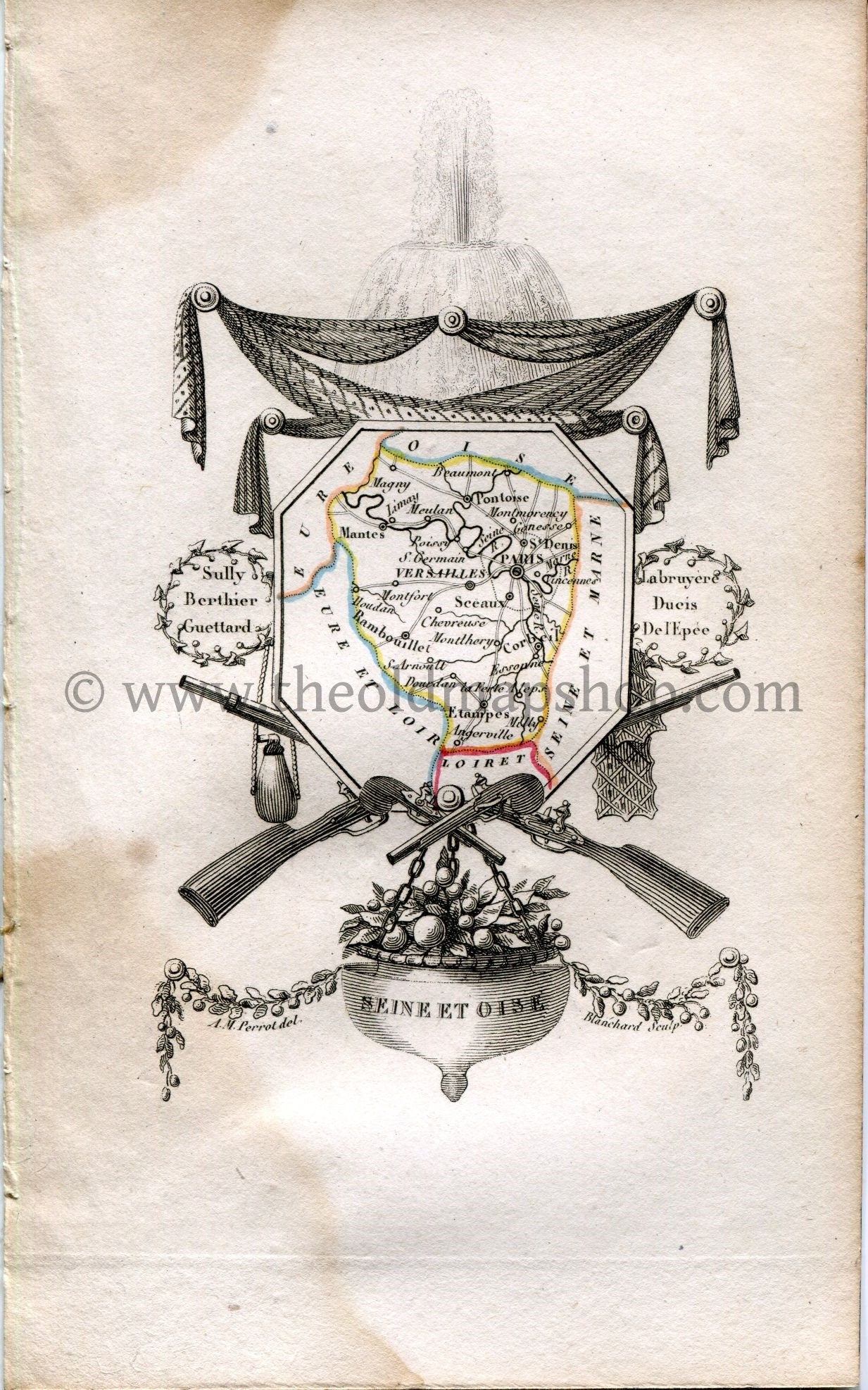 1823 Perrot Map of Seine-et-Oise, France, Antique Map, Print. Outline Original Hand Colouring.