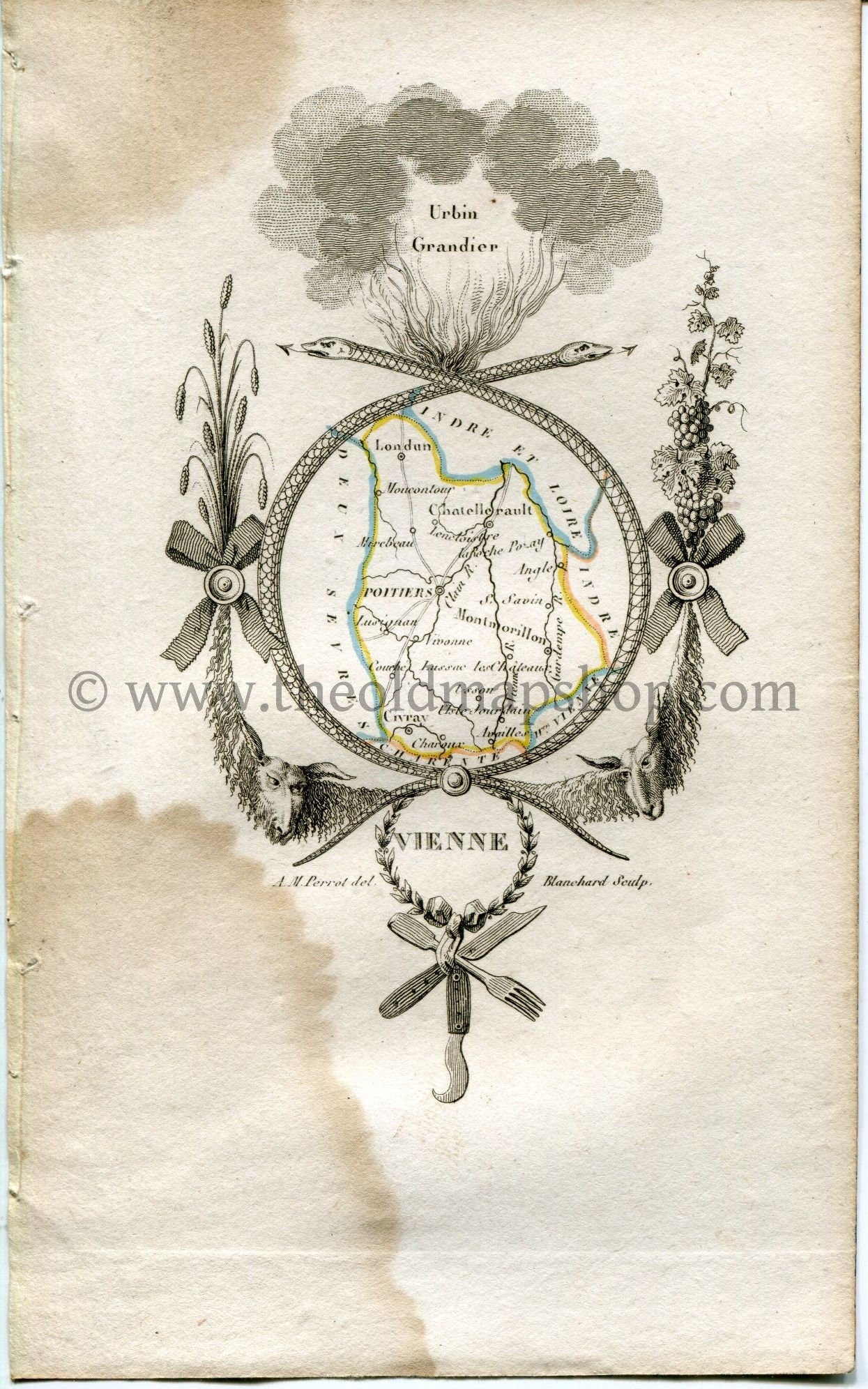 1823 Perrot Map of Vienne, France, Antique Map, Print. Outline Original Hand Colouring.