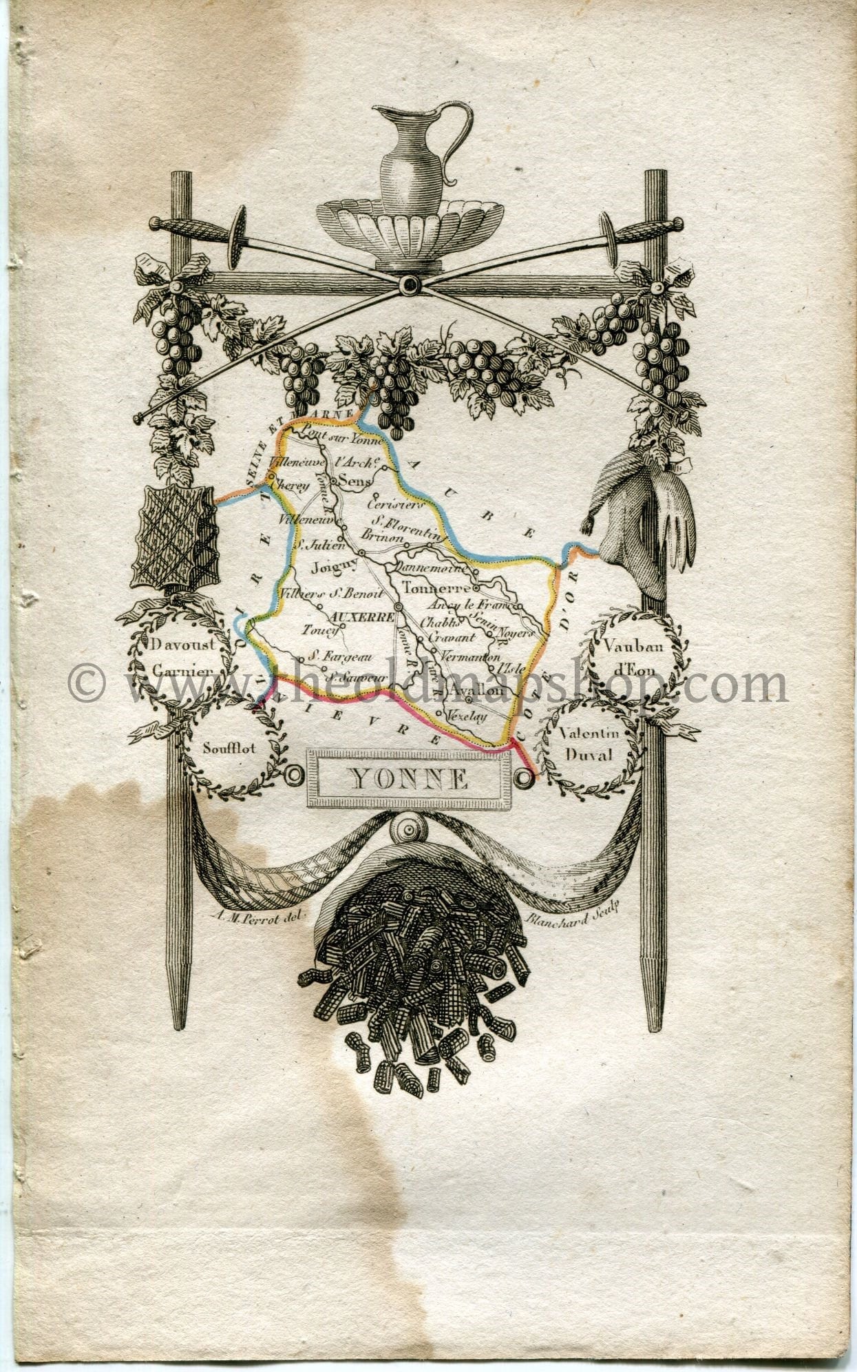 1823 Perrot Map of Yonne, France, Antique Map, Print. Outline Original Hand Colouring.