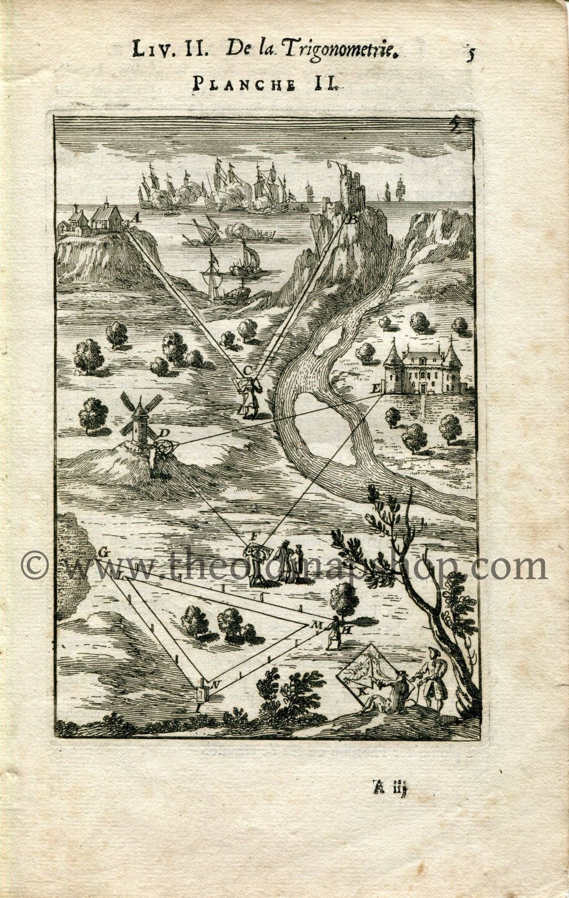 1702 Manesson Mallet Antique Print, Engraving - Surveyors, Surveying, Trigonometry, Geometry - No.2 - The Old Map Shop