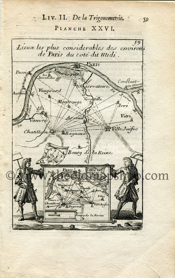 1702 Manesson Mallet Antique Map, Print, Engraving - Carte des Environs de Paris, Versailles, River Seine, France - No.26