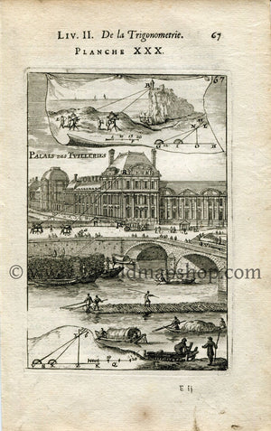 1702 Manesson Mallet Antique Print, Engraving - Palais des Tuileries, Palace, River Seine, France, Surveyors, Surveying Graphometer - No.30 - The Old Map Shop
