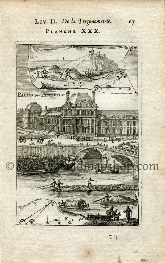 1702 Manesson Mallet Antique Print, Engraving - Palais des Tuileries, Palace, River Seine, France, Surveyors, Surveying Graphometer - No.30