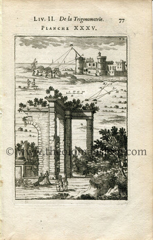 1702 Manesson Mallet Antique Print, Engraving - Surveyors, Surveying, Chateau, Graphometer, Trigonometry, Geometry - No.35