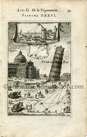 Rare 1702 Manesson Mallet Antique Print, Engraving - Torre pendente di Pisa, Leaning Tower & Cathedral, Cattedrale, Italy - No.36