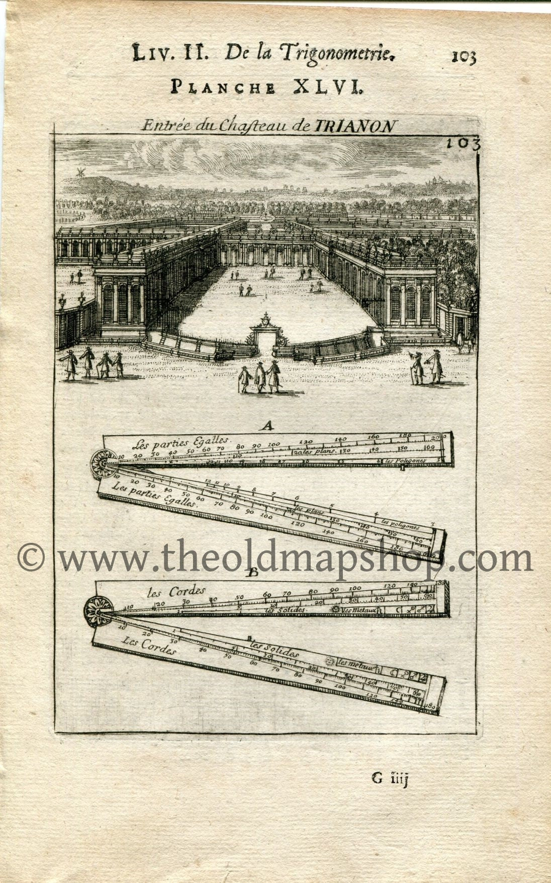 1702 Manesson Mallet Antique Print, Engraving - Entree du Chateau de Trianon, Gardens of Versailles, Paris, France - No.46