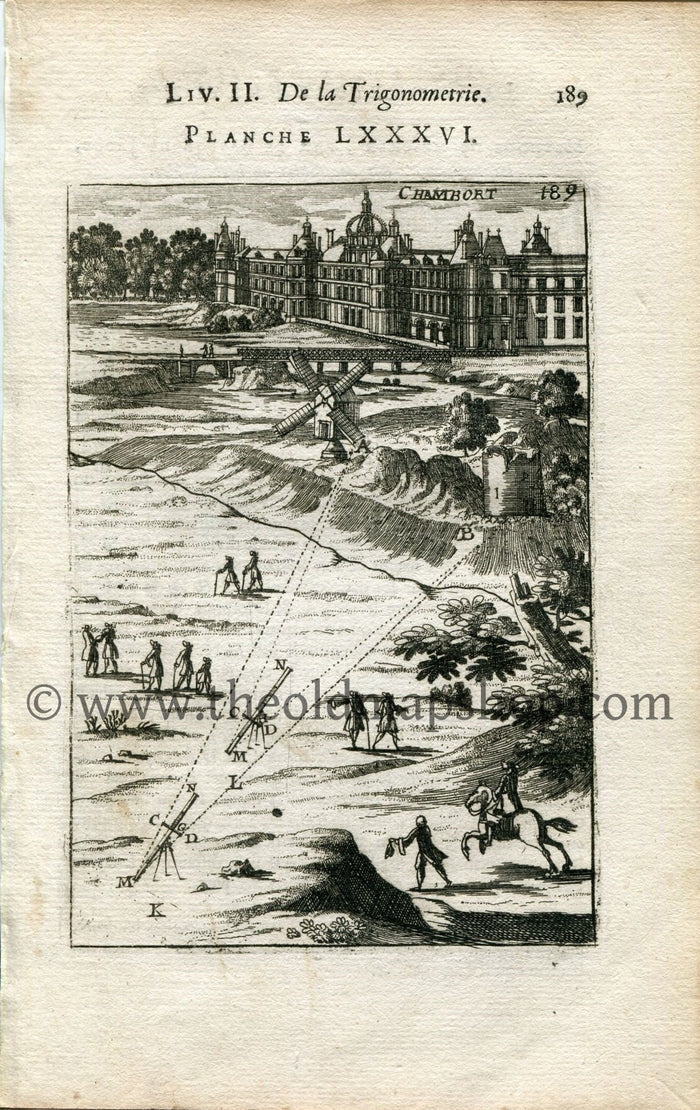 1702 Manesson Mallet Antique Print, Engraving - Chambort, Château de Chambord, Windmill, Loir-et-Cher, France - No.86